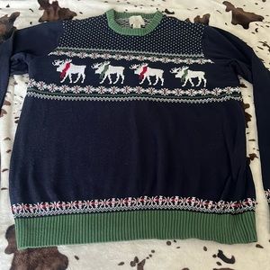 Holiday moose sweater XL navy fairs isle green snowflake cotton knit ASPEN 🫎